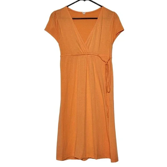 J Crew Womens M Tie Front Dress Short Sleeve Solid Orange Rayon Knee Length